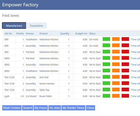 Empower Factory screen showing work centre jobs and status