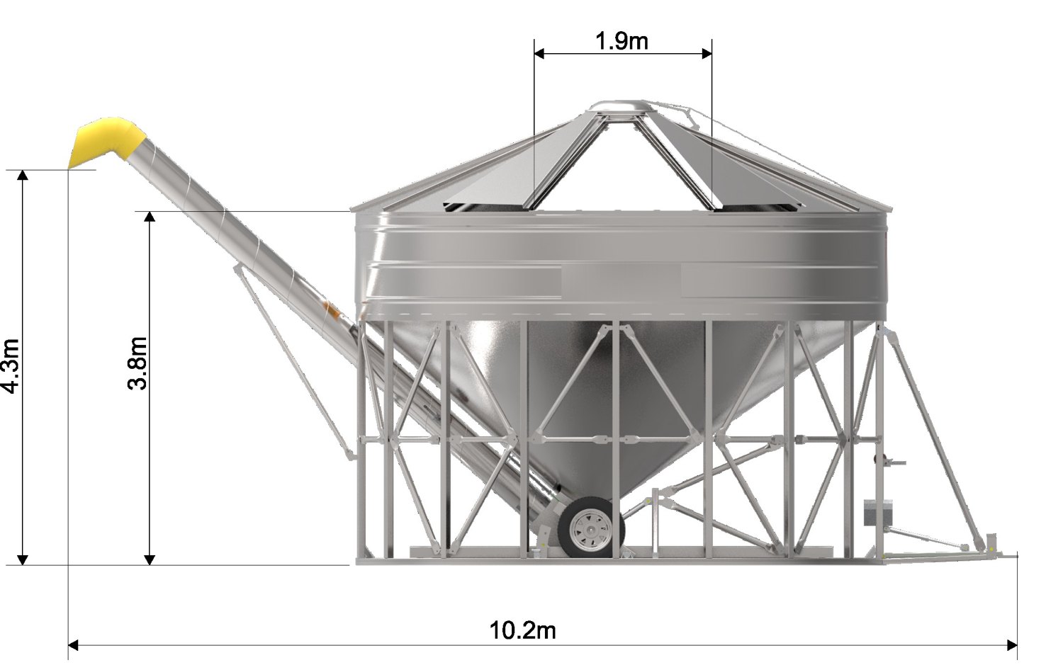 3D render of a portable grain storage bin on a steel frame with an auger, dimensioned in metres