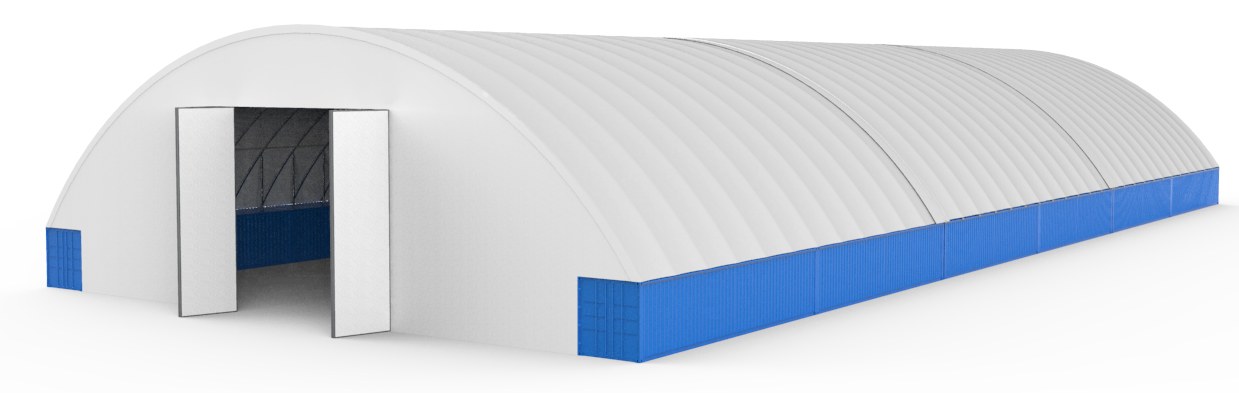 3D render of a long arched fabric structure with white cover, blue container-style side walls and large end doors