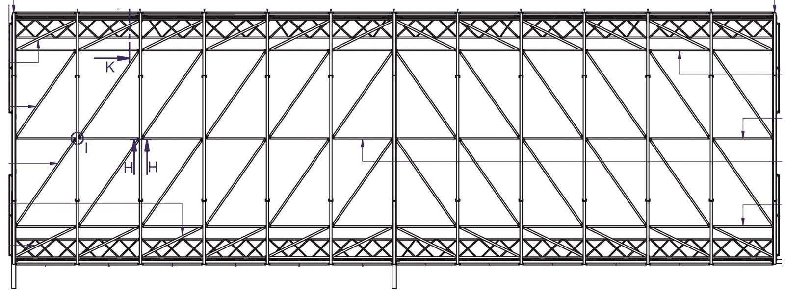 Plan view drawing of the chemical fabric structure showing bay-by-bay arc and brace layout