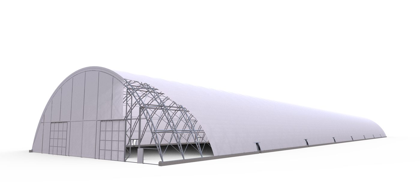Render of a long arched fabric shelter with a cut-away showing the steel frame and large end doors