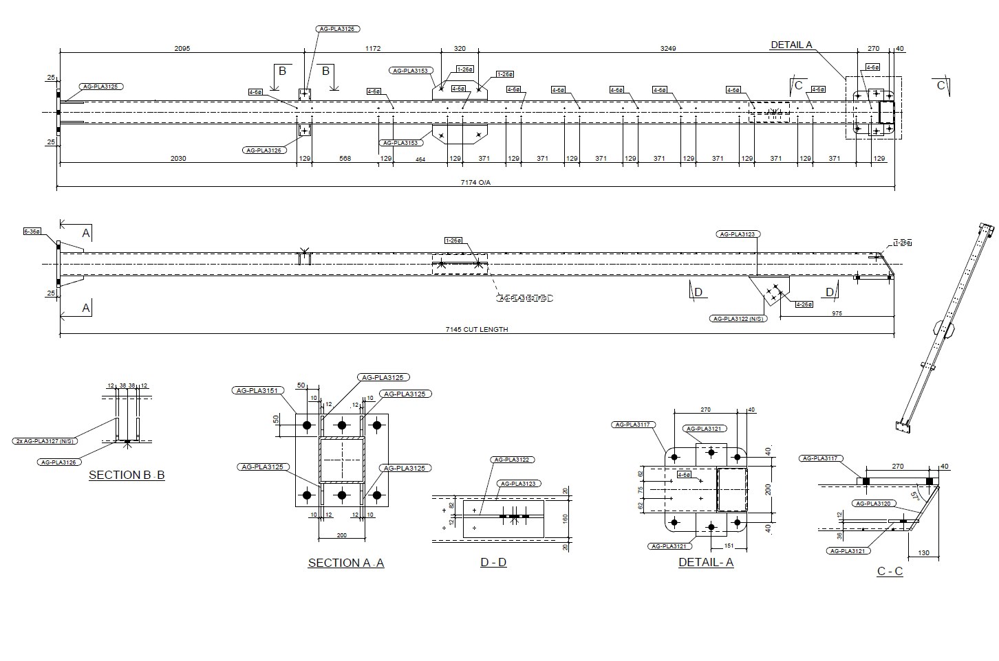 Shop fabrication drawing of a steel member with plan and elevation views, part marks, hole schedule and detail sections
