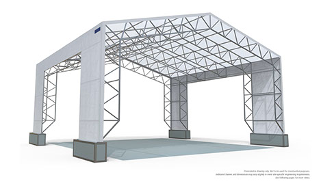 Photo-realistic render of a freestanding steel truss structure with fabric cover