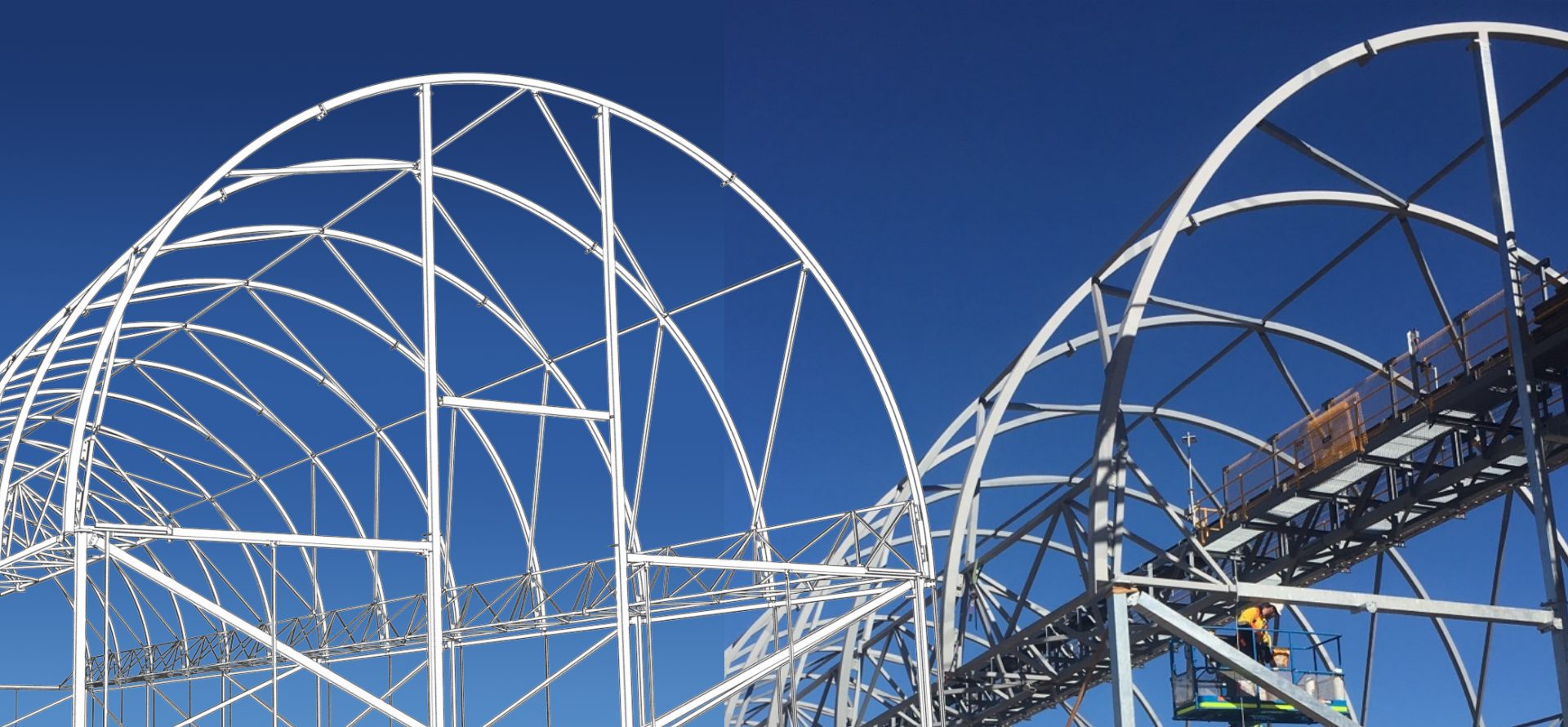 GuruCADD's 3D model of a large arched steel structure on the left, beside the same structure erected on site against a blue sky on the right