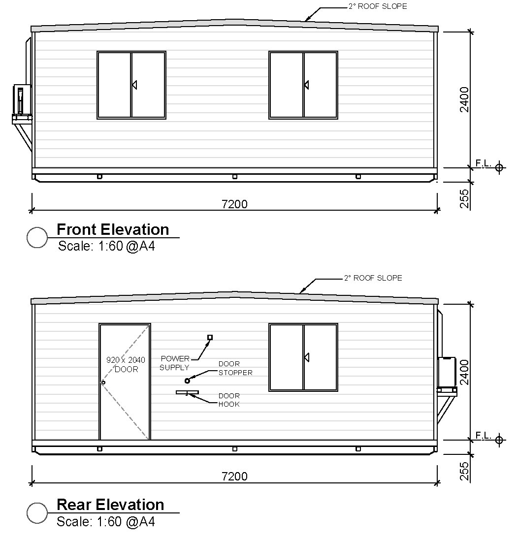 Front and rear elevations, 7.2 m module