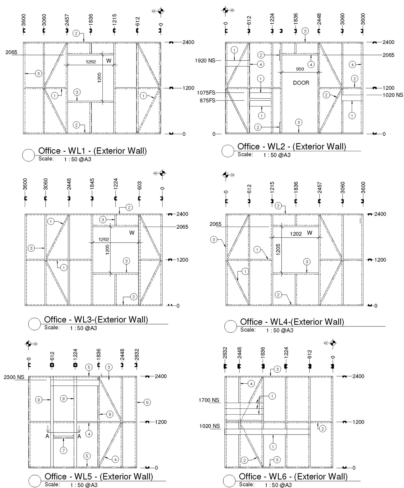 Wall framing panels, WL1 to WL6