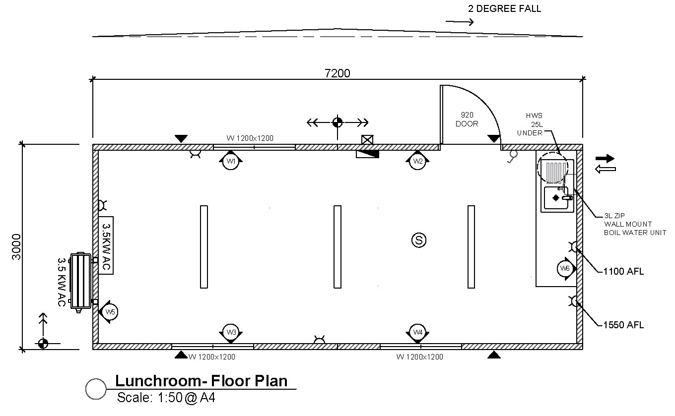 Lunchroom floor plan, 7.2 × 3 m