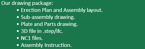  Our drawing package: Erection Plan and Assembly layout. Sub-assembly drawing. Plate and Parts drawing. 3D file in .step/ifc. NC1 files. Assembly Instruction.