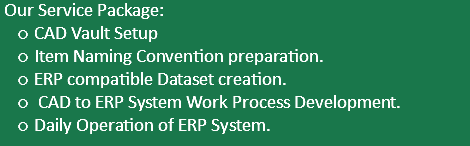  Our Service Package: CAD Vault Setup Item Naming Convention preparation. ERP compatible Dataset creation. CAD to ERP System Work Process Development. Daily Operation of ERP System.